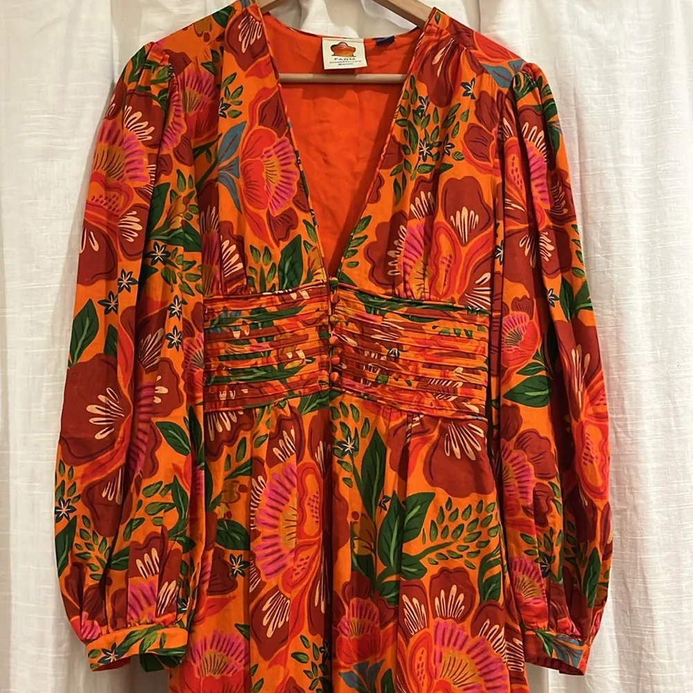 FARM RIO for Anthropologie Tropical Floral Linen Deep V Midi Dress